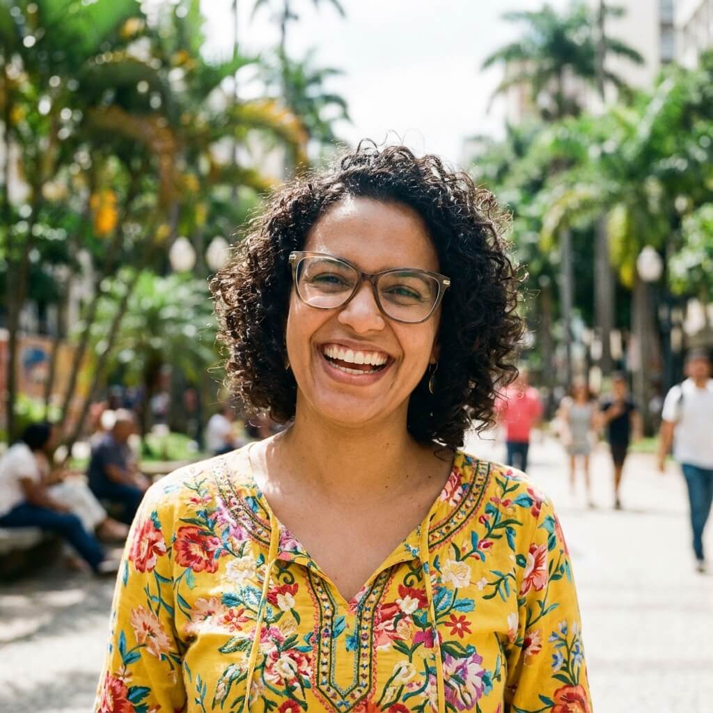 Paciente Mineira Feliz usando óculos novos